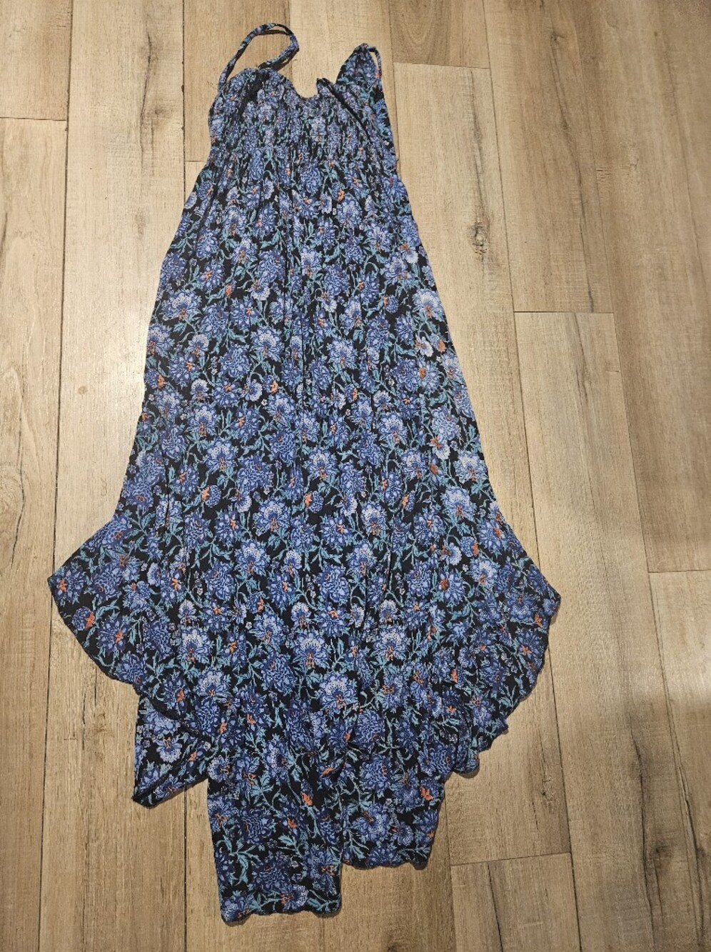Angie Navy Maxi Dress with Blue and Black Floral Print. Front Tie And Opening. - Picture 6 of 6